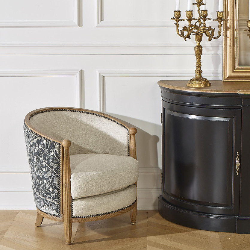 CAROLE POSITANO - Poltrona da salotto stile shabby chic in rovere, lino e tessuto floreale grigio e bianco, 1 posto