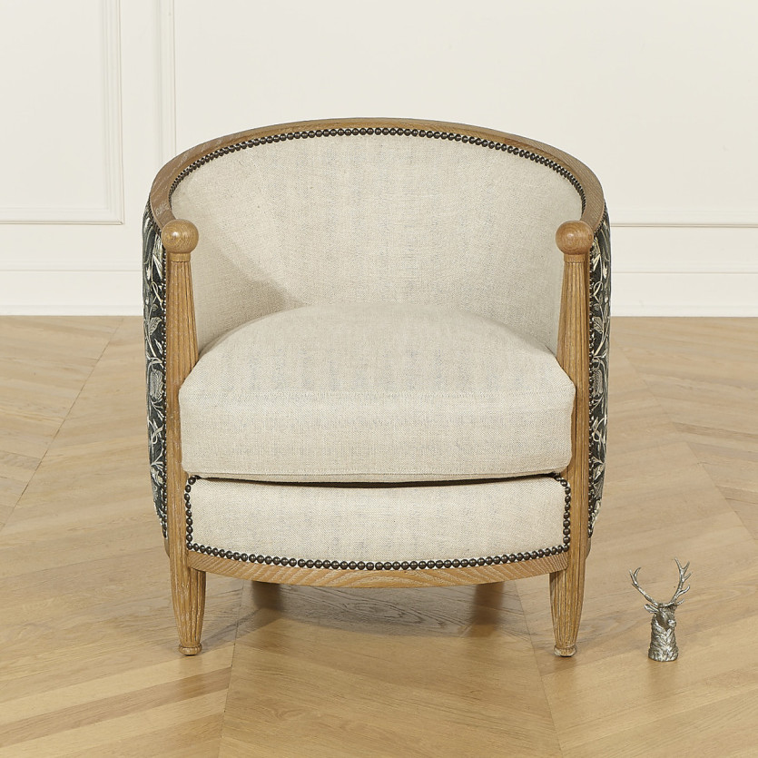 CAROLE POSITANO - Poltrona da salotto stile shabby chic in rovere, lino e tessuto floreale grigio e bianco, 1 posto