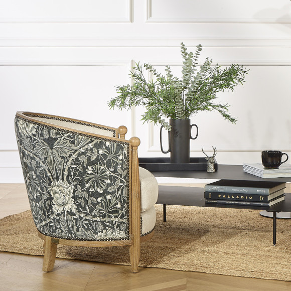 CAROLE POSITANO - Fauteuil de salon style shabby chic en chêne, lin et tissu fleuri gris et blanc, 1 place