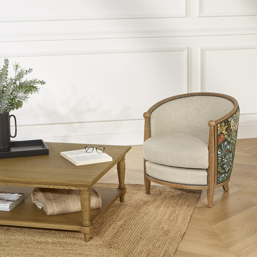 CAROLE COCLICO - Fauteuil de salon style shabby chic en chêne, lin et tissu fleuri aux multiples couleurs, 1 place