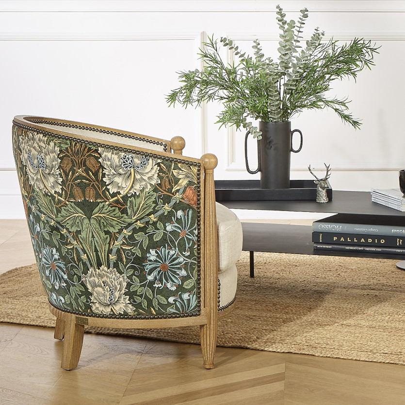 CAROLE COCLICO - Fauteuil de salon style shabby chic en chêne, lin et tissu fleuri aux multiples couleurs, 1 place