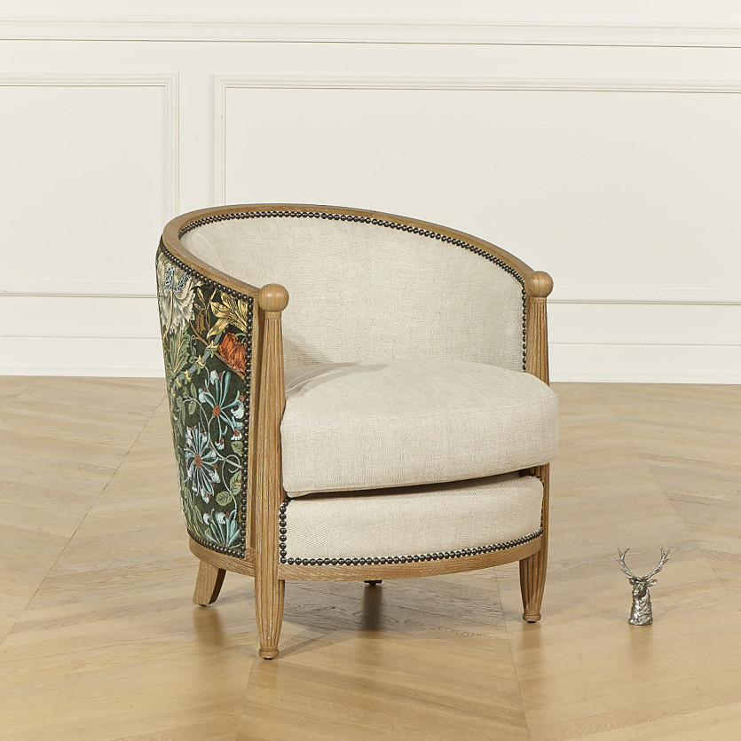 CAROLE COCLICO - Fauteuil de salon style shabby chic en chêne, lin et tissu fleuri aux multiples couleurs, 1 place