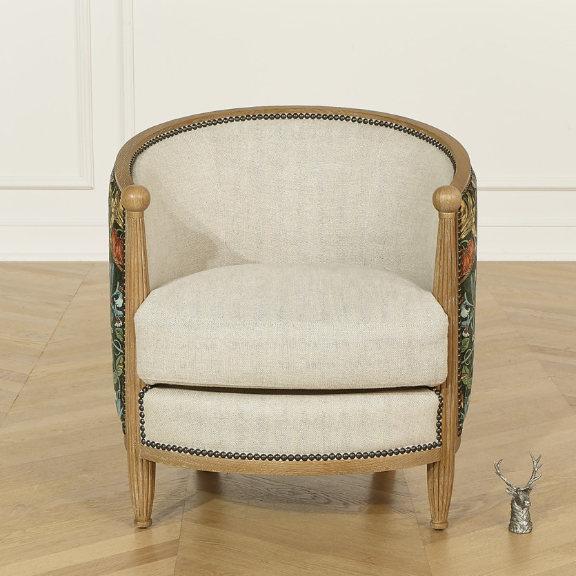 CAROLE COCLICO - Fauteuil de salon style shabby chic en chêne, lin et tissu fleuri aux multiples couleurs, 1 place