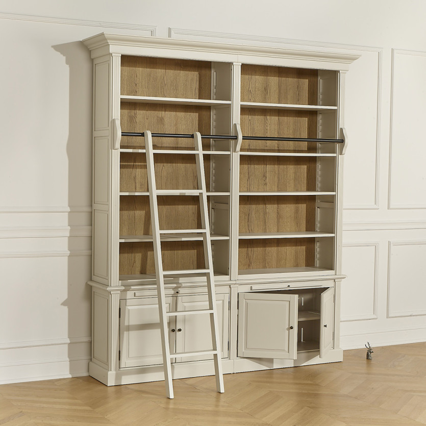 FRANCOIS - Romantic style living room library with sliding ladder, 4 doors, and 8 shelves