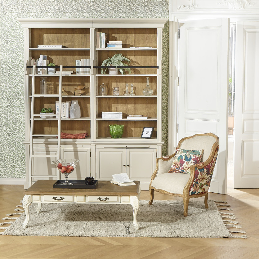 FRANCOIS - Romantic style living room library with sliding ladder, 4 doors, and 8 shelves