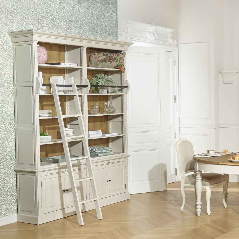 FRANCOIS - Romantic style living room library with sliding ladder, 4 doors, and 8 shelves