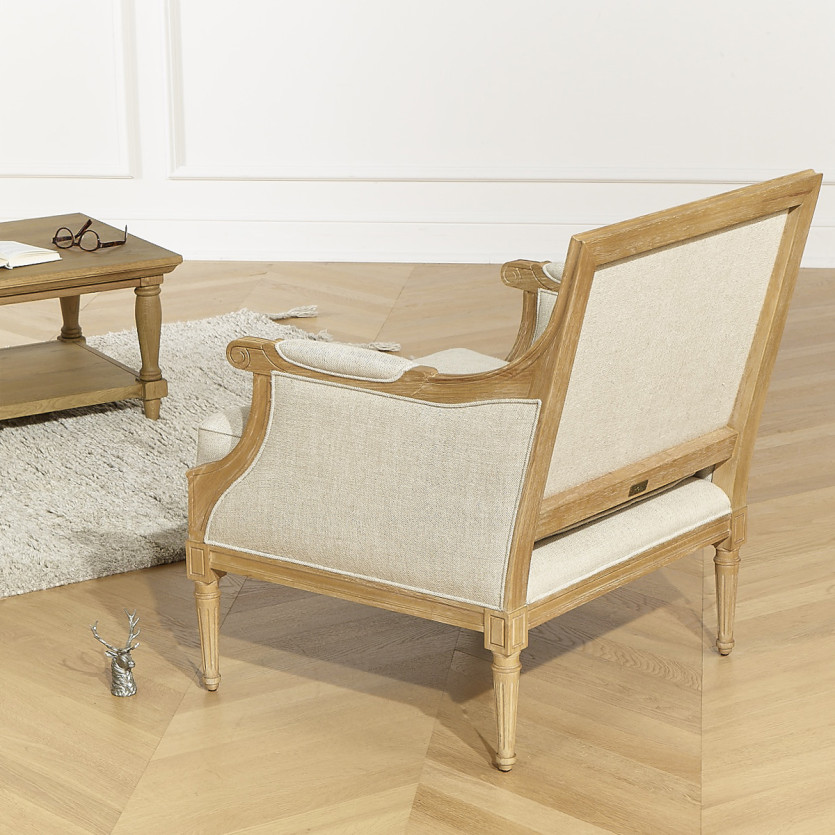 VILLANDRY - Poltrona bergère stile shabby chic in lino premium e legno massiccio, 1 posto
