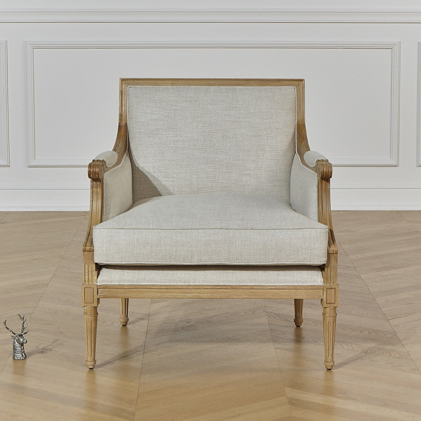 VILLANDRY - Shabby chic style bergère armchair in premium linen and solid wood, 1 seater