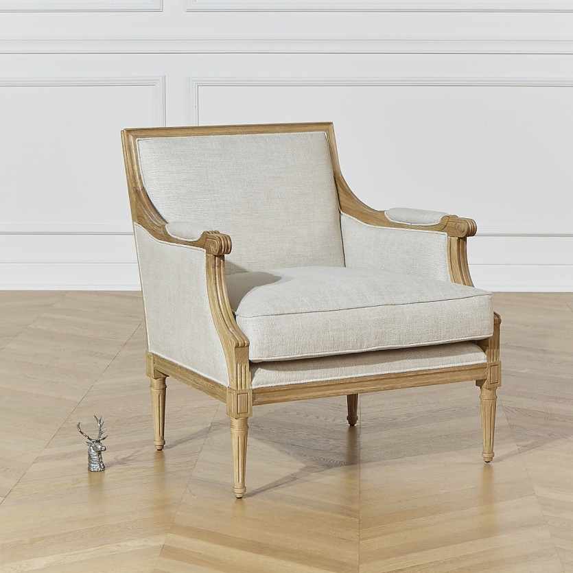 VILLANDRY - Poltrona bergère stile shabby chic in lino premium e legno massiccio, 1 posto
