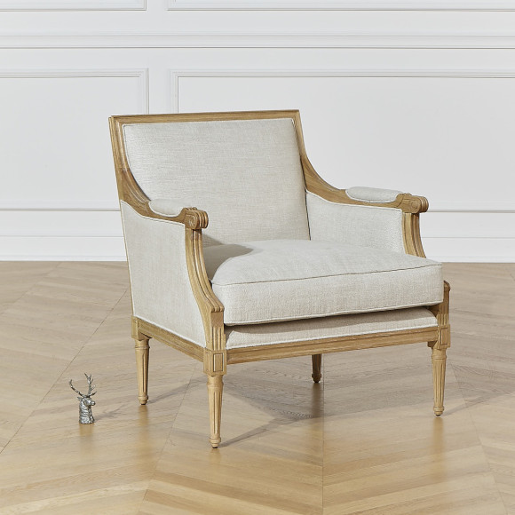 Fauteuil bergère VILLANDRY - Style shabby chic en lin premium et bois massif, 1 place