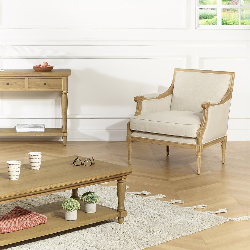 VILLANDRY - Shabby chic style bergère armchair in premium linen and solid wood, 1 seater