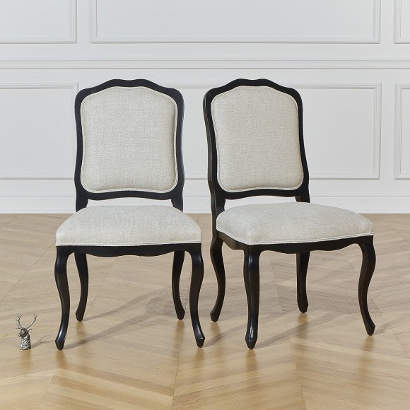 NINA - Lot de 2 chaises style shabby chic en bois massif et lin premium