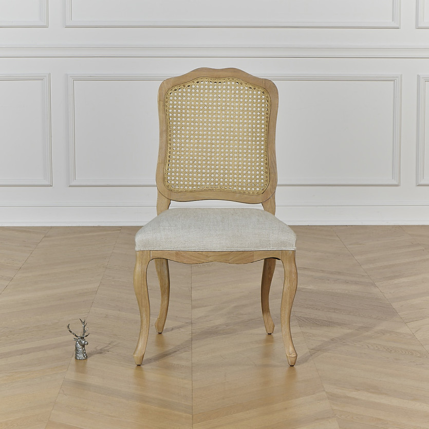 NINA - Lot de 2 chaises style shabby chic en bois massif, cannage et lin premium