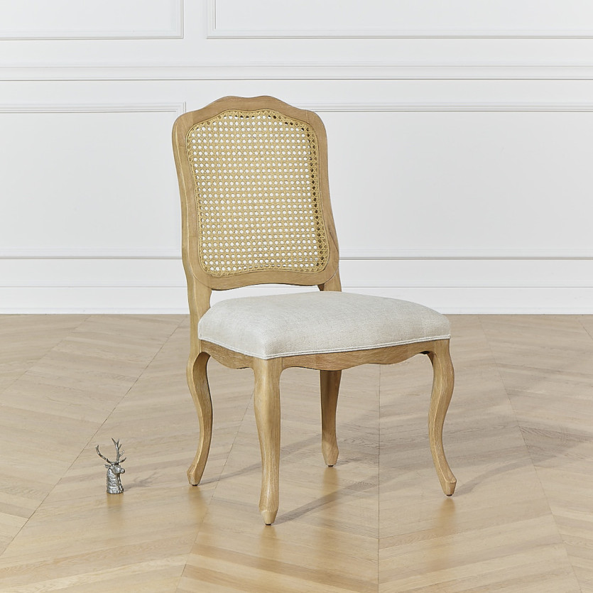 NINA - Lot de 2 chaises style shabby chic en bois massif, cannage et lin premium