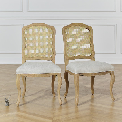 NINA - 2 Premium Linen Whitewashed Chairs with Cane Weaving