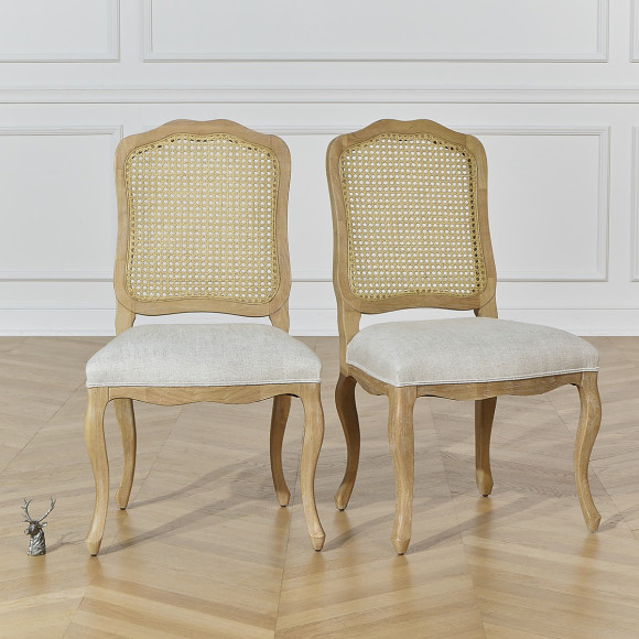 NINA - Lot de 2 chaises style shabby chic en bois massif, cannage et lin premium