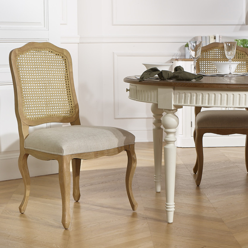 NINA - Lot de 2 chaises style shabby chic en bois massif, cannage et lin premium