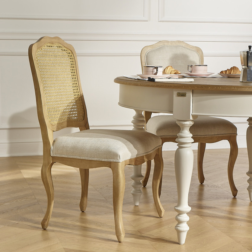 NINA - Lot de 2 chaises style shabby chic en bois massif, cannage et lin premium