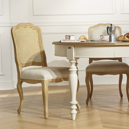 NINA - Lot de 2 chaises style shabby chic en bois massif, cannage et lin premium
