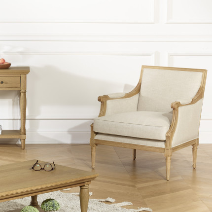 Sillón bergère VILLANDRY - Estilo shabby chic en lino premium y madera maciza, 1 plaza