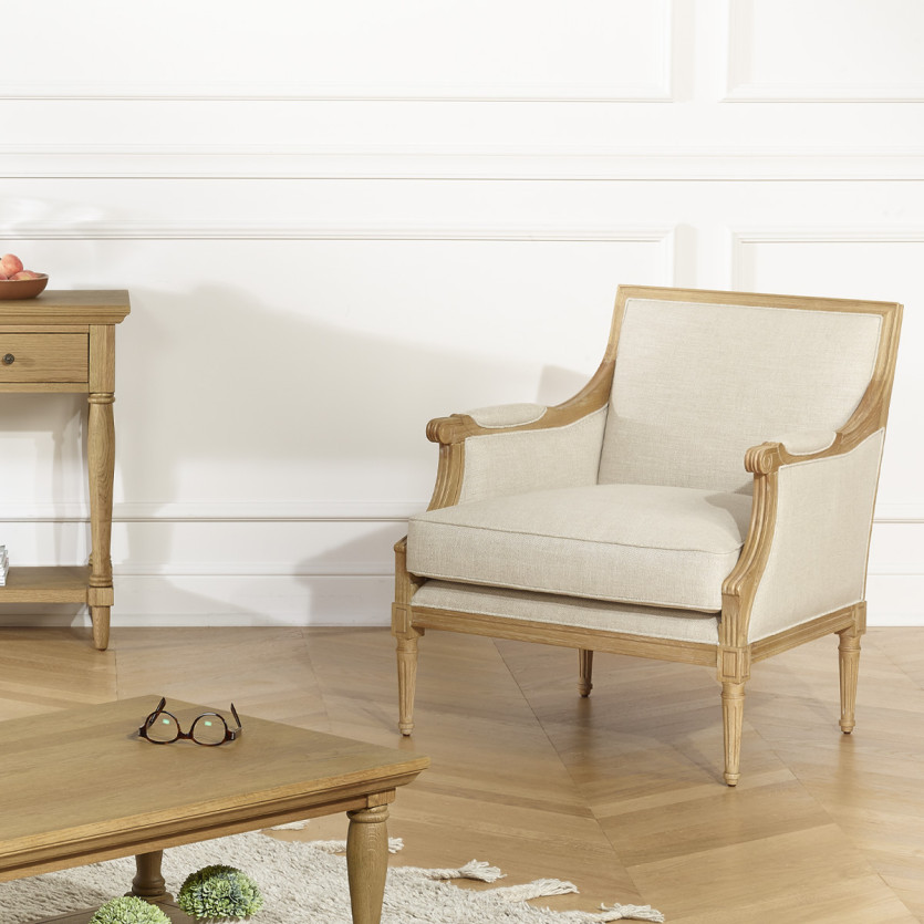 VILLANDRY - Shabby chic style bergère armchair in premium linen and solid wood, 1 seater
