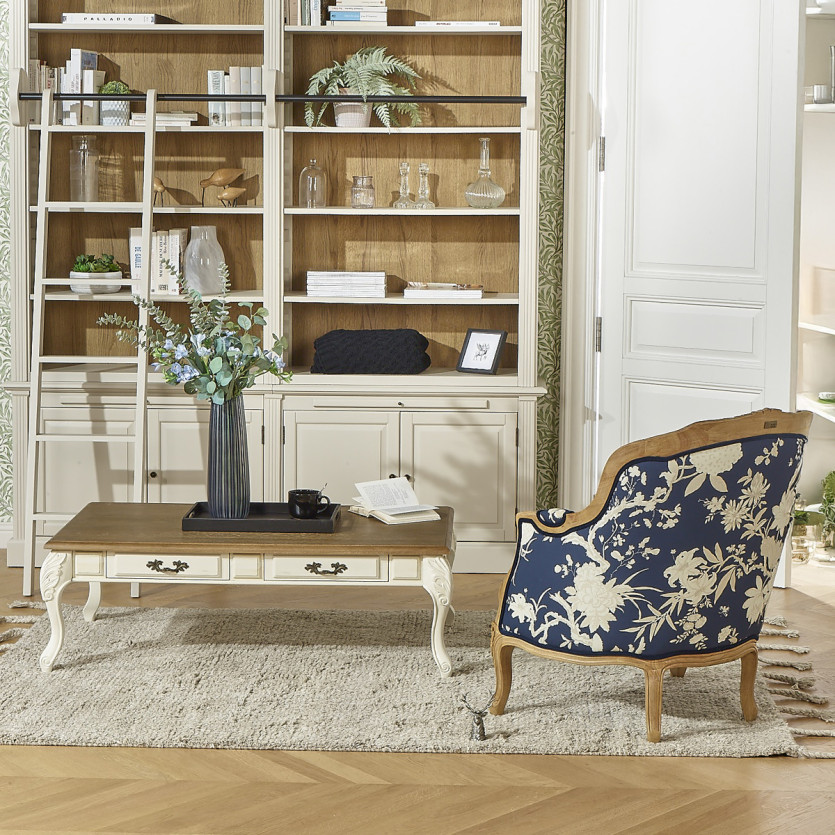 VICTOR TEA HOUSE - Fauteuil bergère style shabby chic en bois massif et tissu fleuri bleu nuit, 1 place