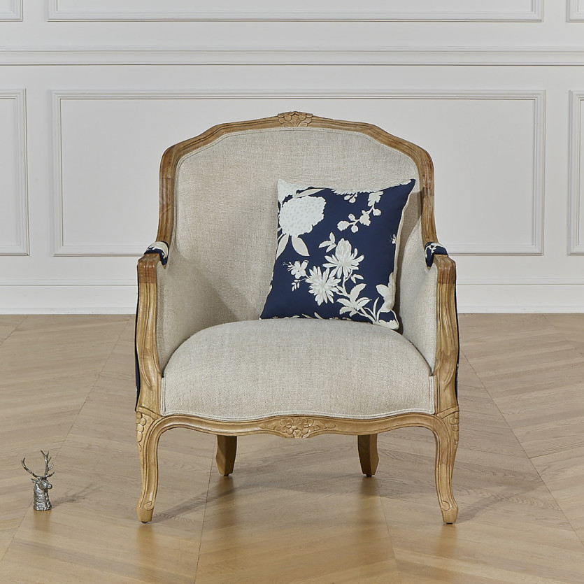 VICTOR TEA HOUSE - Fauteuil bergère style shabby chic en bois massif et tissu fleuri bleu nuit, 1 place