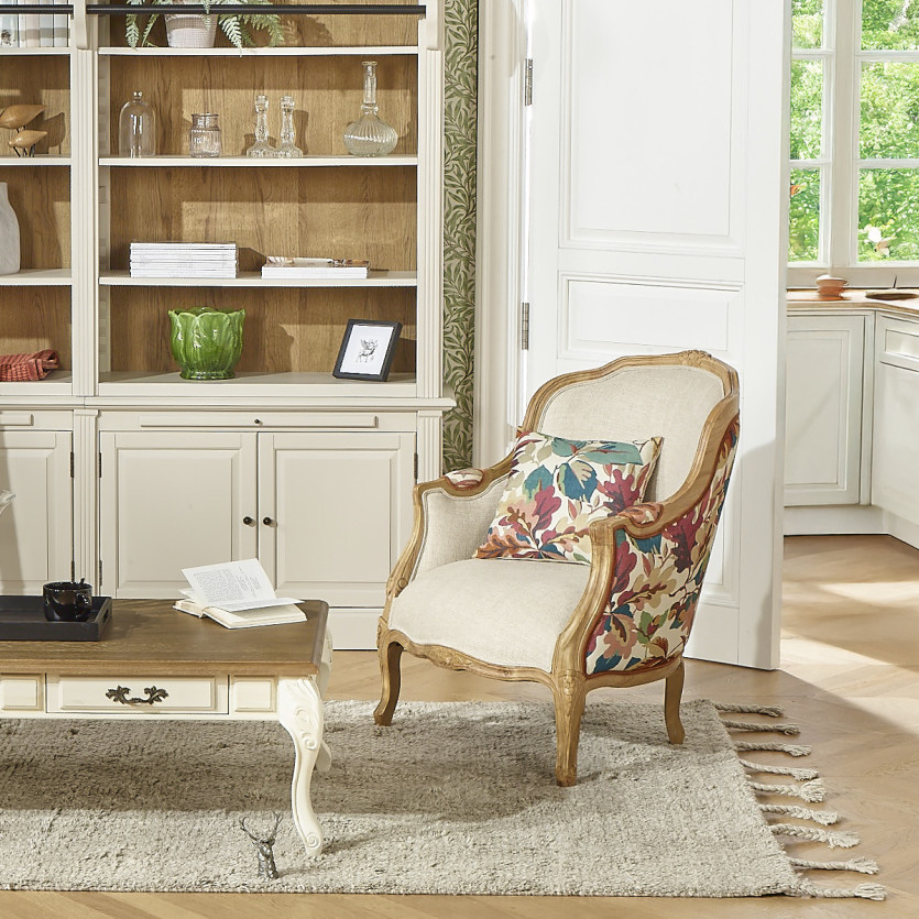 VICTOR ROBIN WOOD – Sillón bergère de estilo country chic, madera maciza, lino y tejido con estampado vegetal, 1 plaza