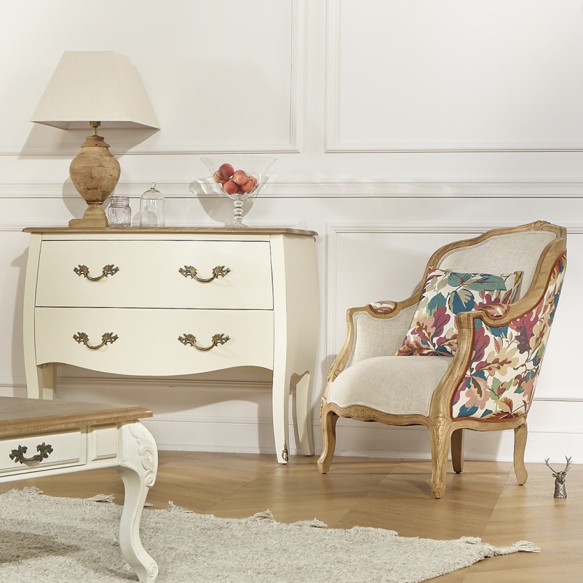 VICTOR ROBIN WOOD – Sillón bergère de estilo country chic, madera maciza, lino y tejido con estampado vegetal, 1 plaza