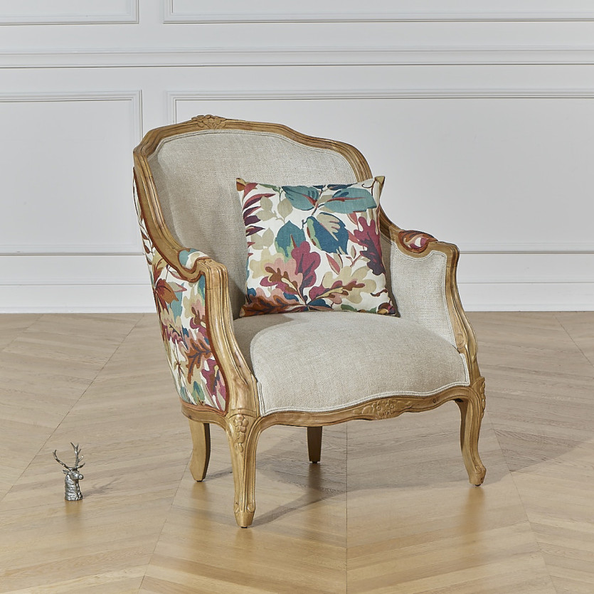 VICTOR ROBIN WOOD – Sillón bergère de estilo country chic, madera maciza, lino y tejido con estampado vegetal, 1 plaza