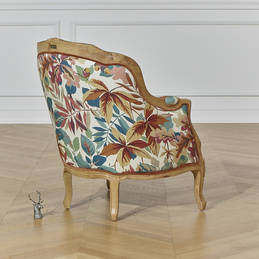 VICTOR ROBIN WOOD – Sillón bergère de estilo country chic, madera maciza, lino y tejido con estampado vegetal, 1 plaza