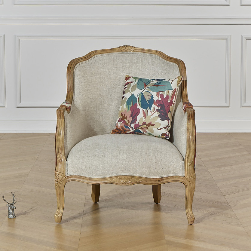 VICTOR ROBIN WOOD – Sillón bergère de estilo country chic, madera maciza, lino y tejido con estampado vegetal, 1 plaza