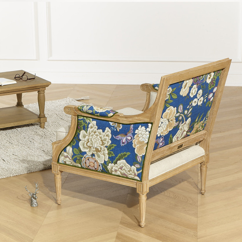 VILLANDRY ROI - Fauteuil bergère style shabby chic en lin premium et bois massif, 1 place