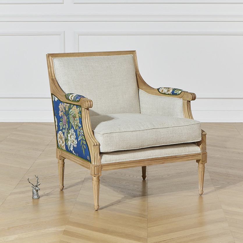 VILLANDRY ROI - Fauteuil bergère style shabby chic en lin premium et bois massif, 1 place