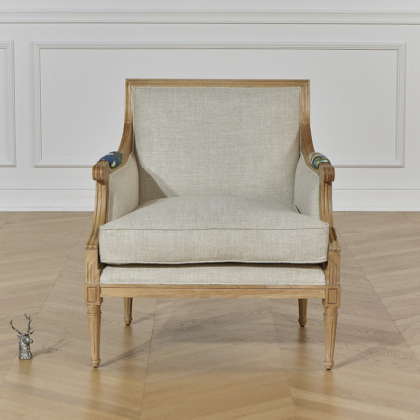 VILLANDRY ROI - Fauteuil bergère style shabby chic en lin premium et bois massif, 1 place