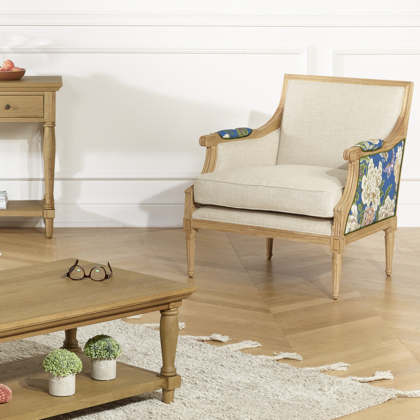 VILLANDRY ROI - Fauteuil bergère style shabby chic en lin premium et bois massif, 1 place