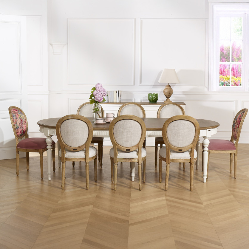 BERTRAND - Table à manger extensible blanche style shabby chic en bois, 4/10 couverts
