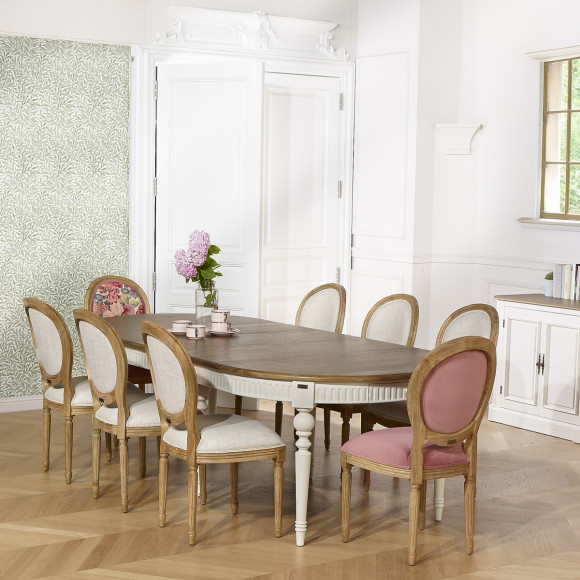 Uitschuifbare eetkamertafel BERTRAND - Shabby chic stijl in hout, witte poten, 6/10 personen