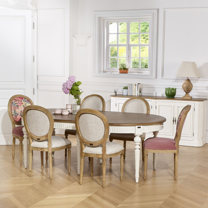 BERTRAND - Table à manger extensible blanche style shabby chic en bois, 4/10 couverts