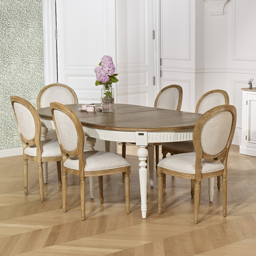 BERTRAND - Table à manger extensible blanche style shabby chic en bois, 4/10 couverts