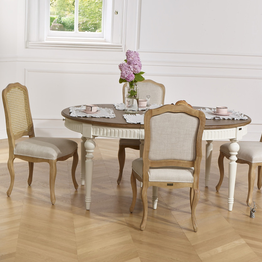 BERTRAND - Table à manger extensible blanche style shabby chic en bois, 4/10 couverts