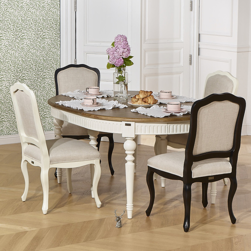 BERTRAND - Table à manger extensible blanche style shabby chic en bois, 4/10 couverts