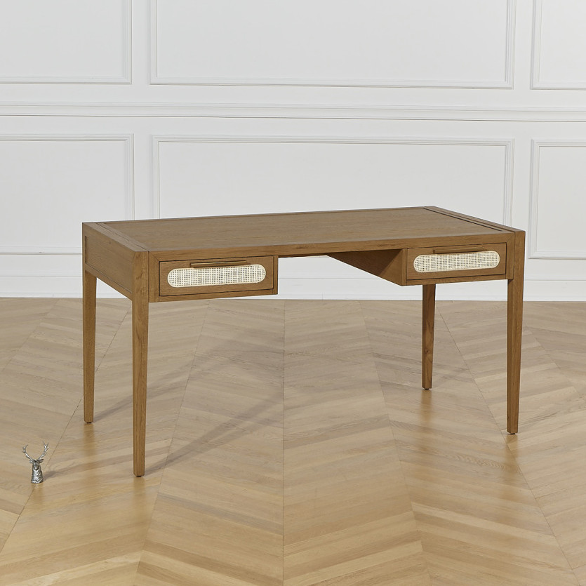 MONTANA – Scrivania in rovere, paglia di Vienna e ottone stile moderno, 2 cassetti