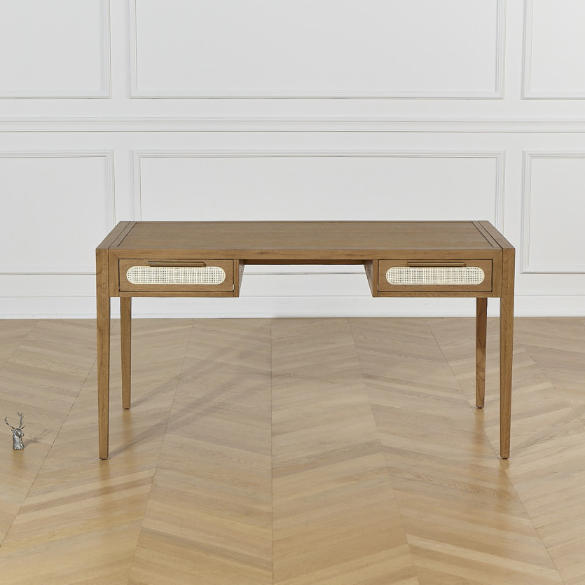 MONTANA - Bureau en chêne, cannage et laiton style moderne, 2 tiroirs