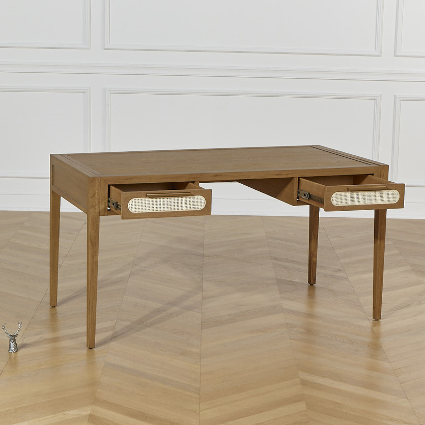 MONTANA - Bureau en chêne, cannage et laiton style moderne, 2 tiroirs