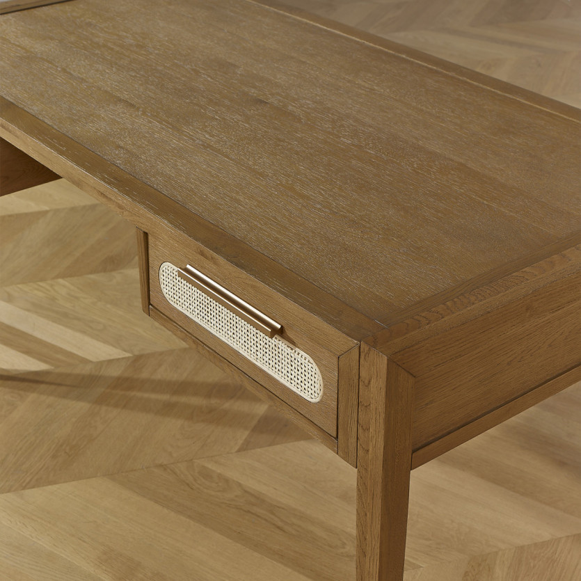 MONTANA - Bureau en chêne, cannage et laiton style moderne, 2 tiroirs