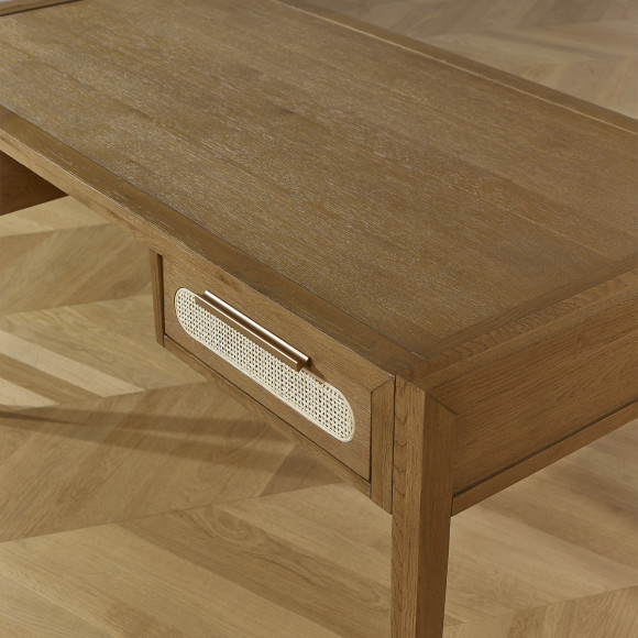 MONTANA - Bureau en chêne, cannage et laiton style moderne, 2 tiroirs