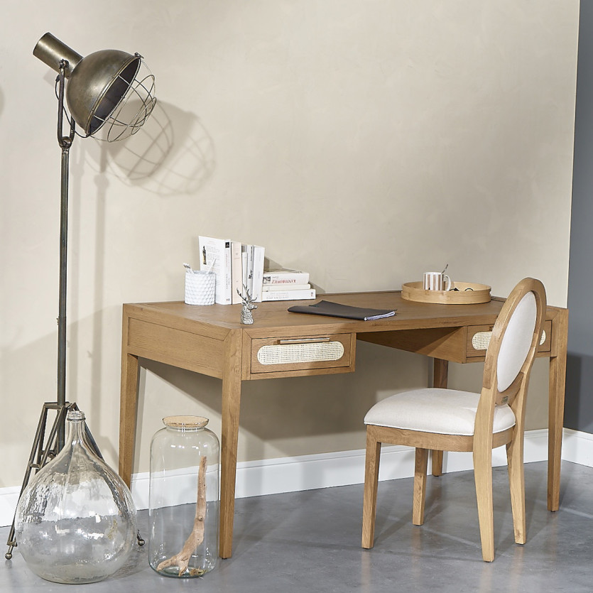 MONTANA – Schreibtisch im modernen Stil aus Eiche, Wiener Geflecht und Messing, 2 Schubladen