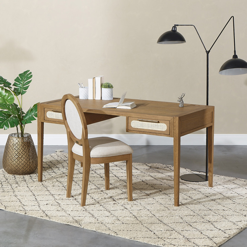 MONTANA – Modern-style desk in oak, cane webbing, and brass, 2 drawers