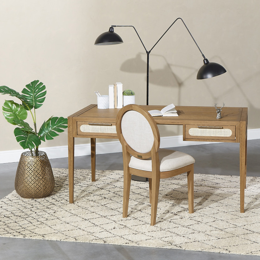 MONTANA – Scrivania in rovere, paglia di Vienna e ottone stile moderno, 2 cassetti